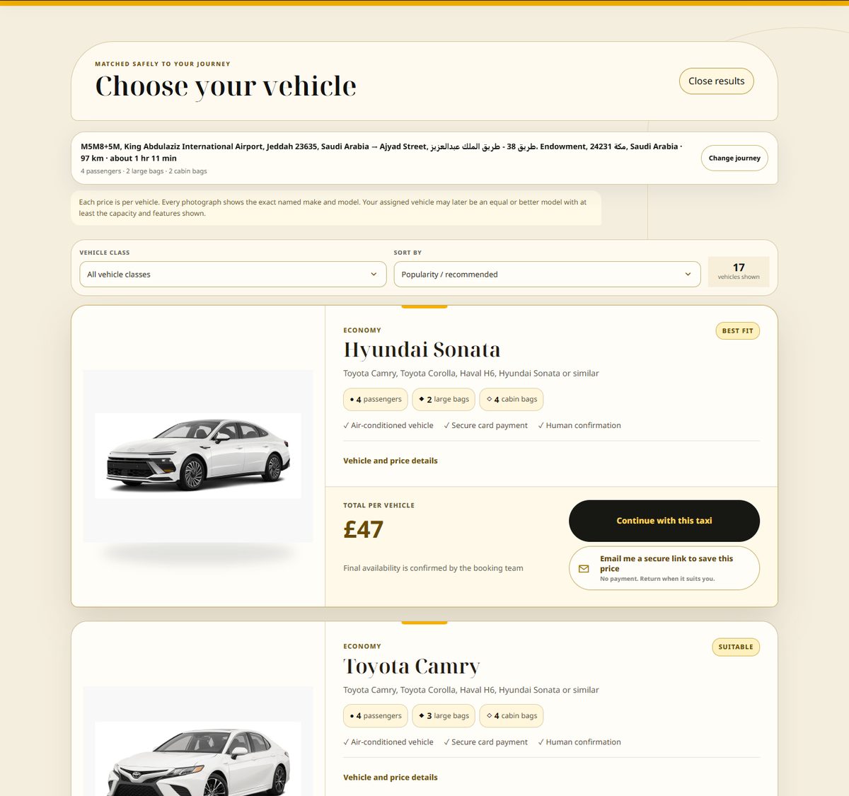 Hajj and Umrah Taxi vehicle and price options