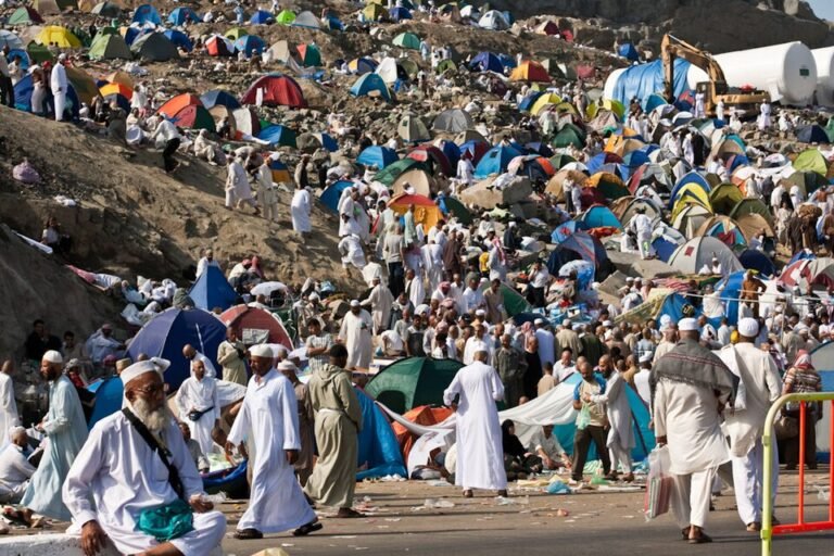 Rows of white tents in the Mina valley during the Hajj season