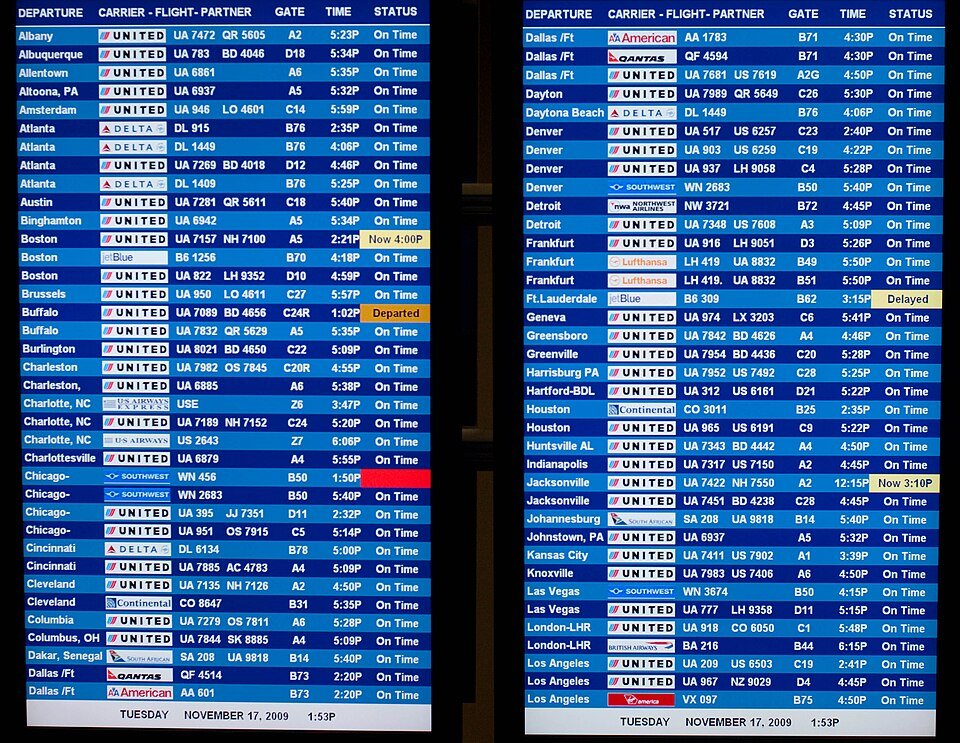 Airport departures board, representative of planning travel dates around school holidays