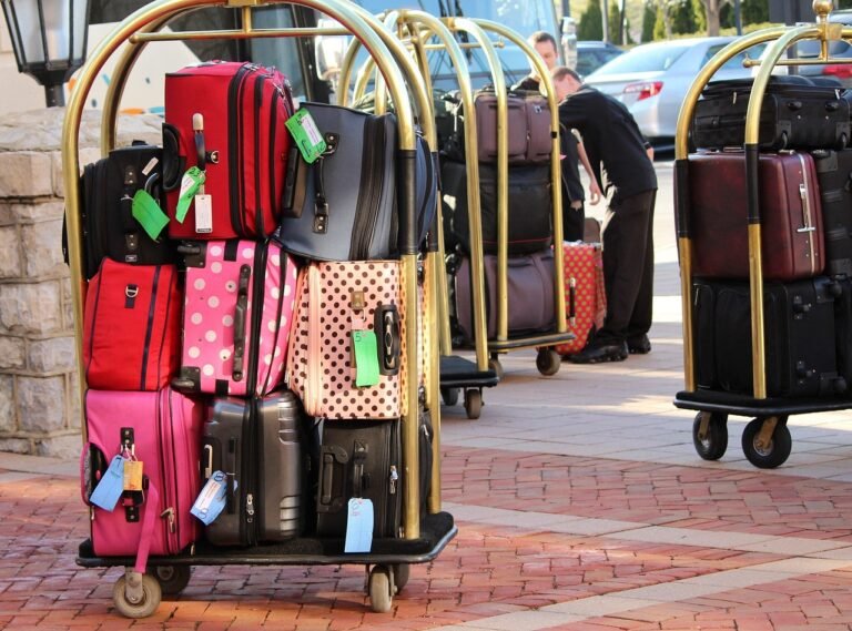 Airport porter with luggage cart assisting a traveller