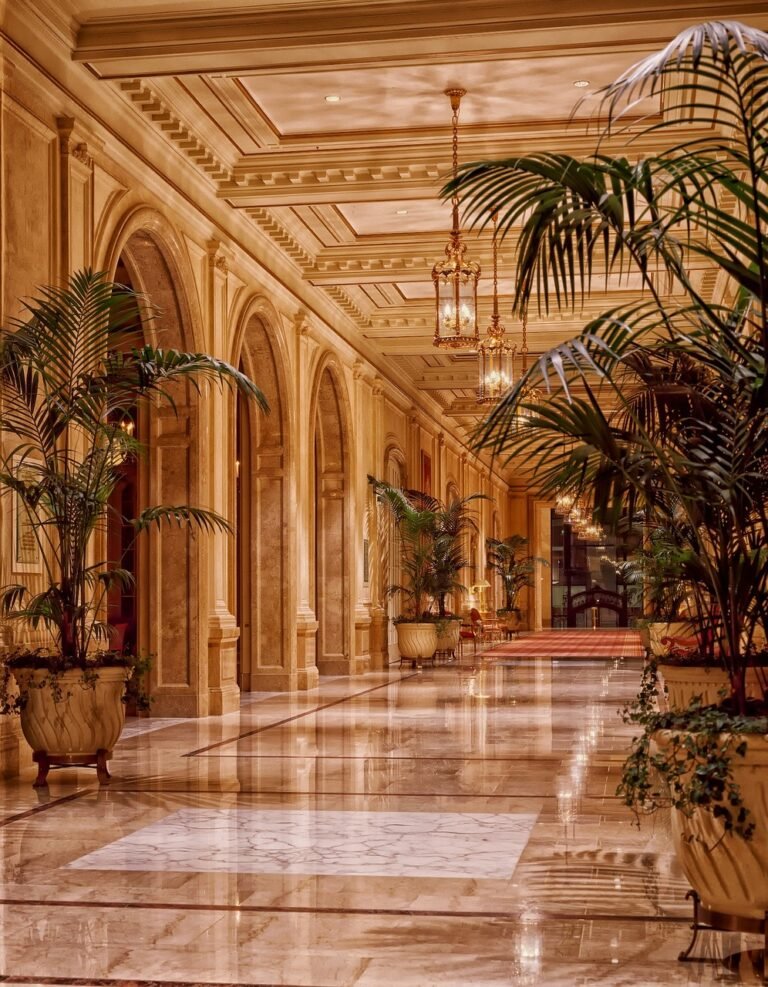 A hotel entrance and lobby area, relevant to arranging a Makkah hotel pickup