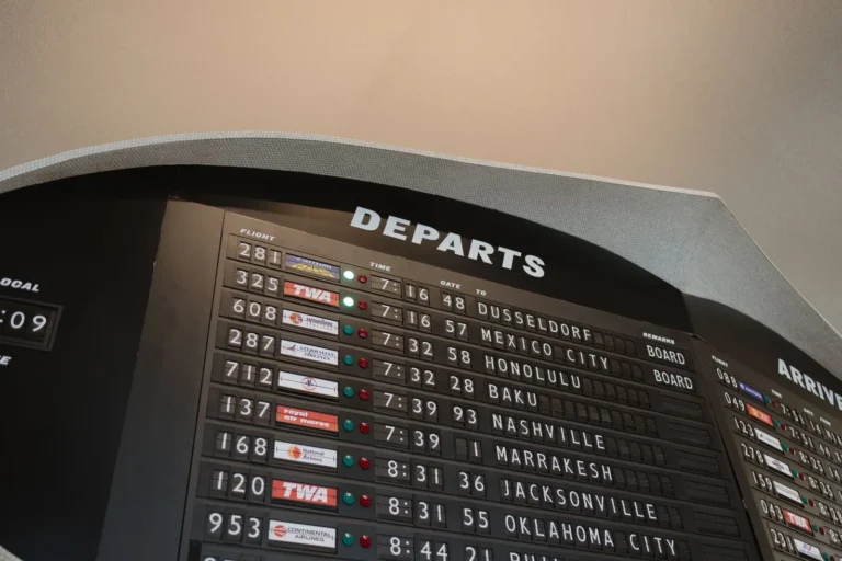 Close-up of an airport departures board listing flight times and destinations